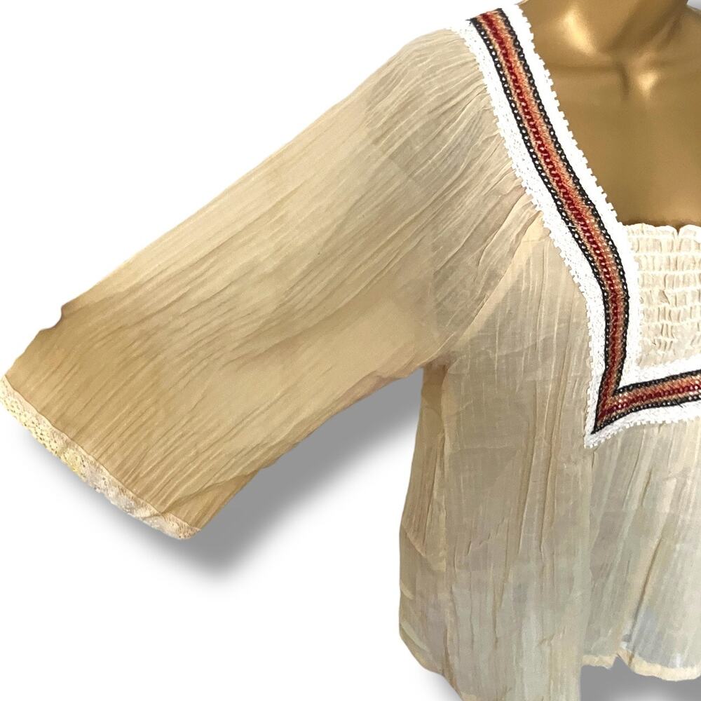 Vintage Sheer Peasant Blouse Boho Lace Trim Cream Top Size Large - Picture 5 of 7